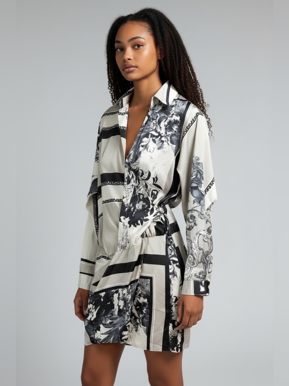 Fashion Nova Black & Cream Printed Shirt Dress